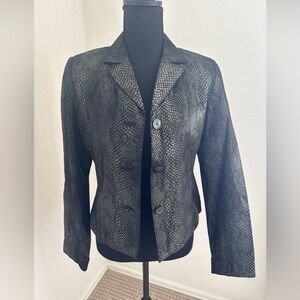 Womens Black And Gold Snakeskin-Textured Leather Button Jacket
